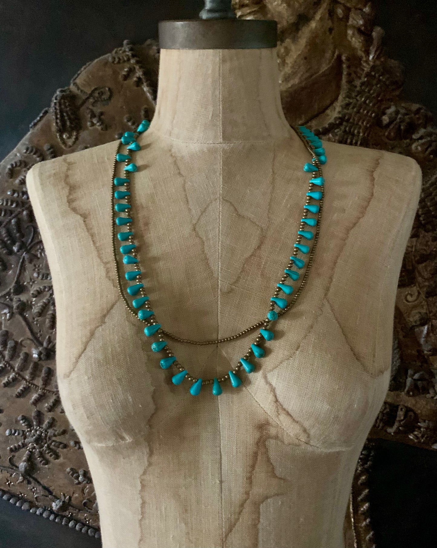 turquoise teardrop and brass bead necklace