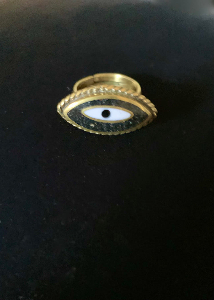 onyx and brass evil eye ring