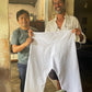 Robert and Francisco with the first sample of the pants! 